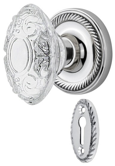 Rope Rosette Mortise-Lock Set with Victorian Crystal-Glass Knobs in Polished Chrome.